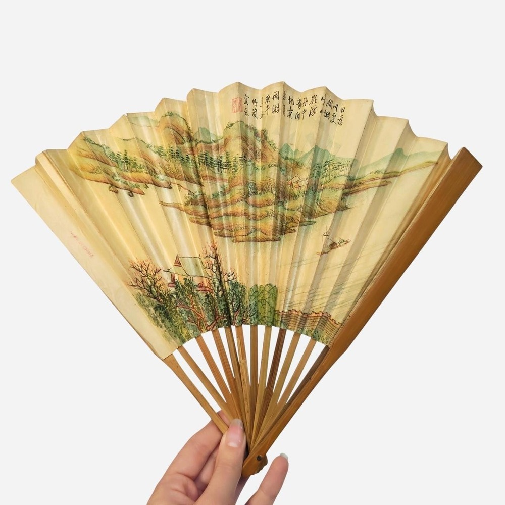 Antique 1938 Vintage Art Deco Paper Hand Fan Chinese Restaurant As is 1930s‎